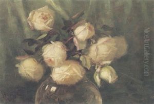 White Roses In A Glass Vase by Albert Ames