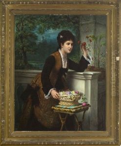 An Elegant Lady Arranging Flowers On A Balcony Overlooking A Landscape by Bernardo Amiconi