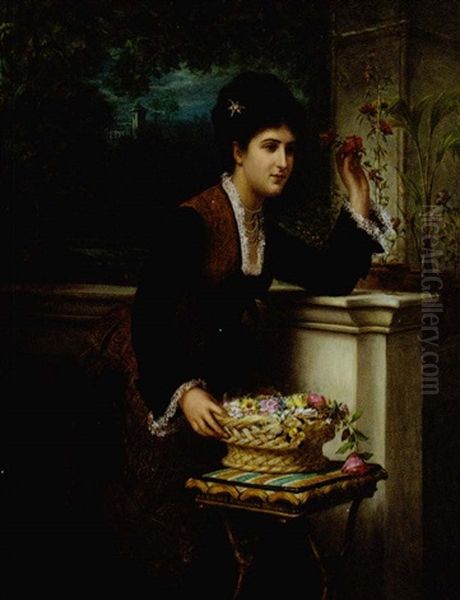 An Elegant Lady Arranging Flowers On A Balcony Overlooking A Landscape - view 1
