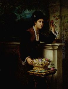 An Elegant Lady Arranging Flowers On A Balcony Overlooking A Landscape by Bernardo Amiconi