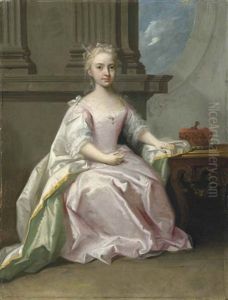 Portrait Of Princess Mary, Daughter Of King George Ii, In A Pink Satin Dress And A White And Green Satin, Gold-trimmed Cloak, With Pearls In Her Hair, Her Left Hand Resting By A Coronet Portrait Of Princess Mary, Daughter Of King George Ii, In A Pink Satin Dress And A White And Green Satin, Gold-trimmed Cloak, With Pearls In Her Hair, Her Left Hand Resting By A Coronet