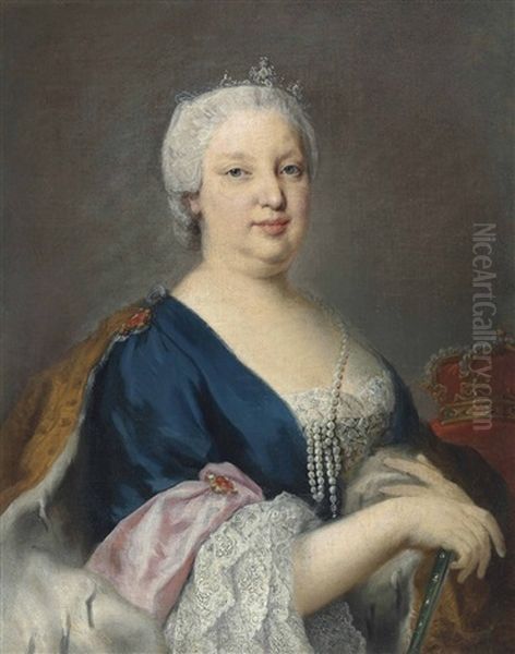 Portrait Of Maria Barbara Of Braganza, Queen Of Spain (1711-1758), Half-length, In A Blue Dress With An Ermine-lined Cloak, With A Pearl Necklace And A Tiara - view 1