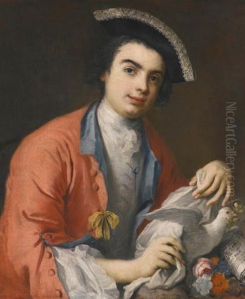 Portrait Of Carlo Broschi, Called Farinelli (1705-1782), Half Length, Wearing A Crimson Coat, A Tricorne Hat And Holding A Dove, With A Sheet Of Music - view 1