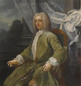 Portrait Of A Seated Gentleman, Three Quarter Length, Wearing A Green Jacket, A Landscape Beyond