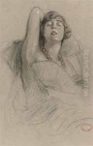 Reclining Female Figure Holding A Fan by William Ablett