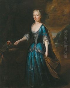 Bildnis Einer Dame In Blauem, Silberbestickten Taftkleid Mit Sandfarbenem Umhang In Einer Gebirgigen Landschaft Stehend...