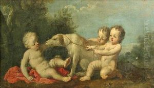 Three Putti Playing With A Pet Dog by Jacopo Amigoni