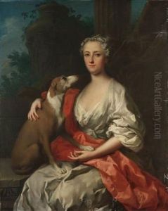 Portrait Of A Lady, Seated Three-quarter-length, In A White Dress With A Crimson Wrap, A Dog At Her Side, A Landscape Beyond