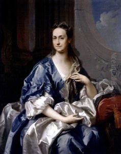 Portrait Of A Lady Wearing A Blue And White Velvet Dress And Seated In A Sumptuous Interior by Jacopo Amigoni