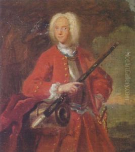 Portrait Of A Gentleman, Wearing A Red Coat And An Armoured Breastplate, Standing Beside A Canon