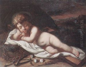 Liegendes Passionskind Auf Kreuz Vor Abendlicher Fluslandschaft by Jacopo Amigoni