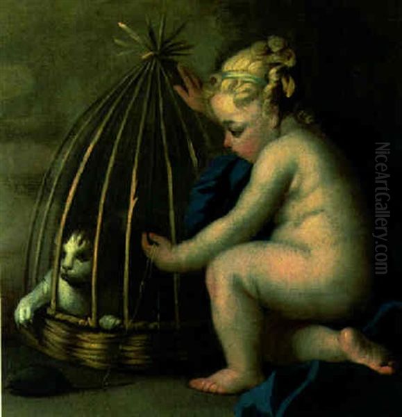 A Girl Baiting A Cat In A Basket With A Mouse - view 1