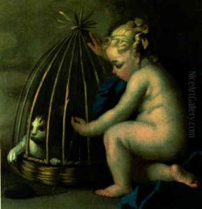 A Girl Baiting A Cat In A Basket With A Mouse by Jacopo Amigoni