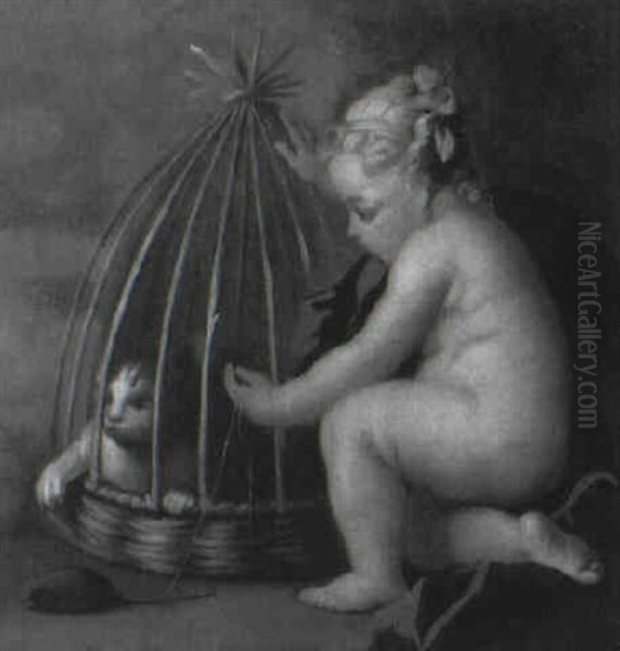 A Child Teasing A Caged Cat With A Toy Mouse - view 1
