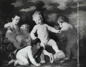 The Young Bacchus Playing With Putti Amongst Grape Vines,   His Foot Resting On A Ewer