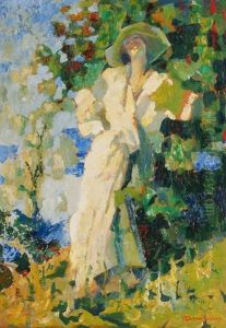 Elegante Dame Sich Zurucklehnend In Der Sonne Vor Einem Busch Am Lago Maggiore by Giuseppe Amisani