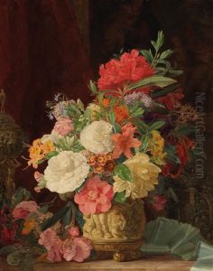 An Opulent Floral Still Life With Ornamental Vases by Rosalia Amon