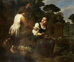 A Peasant Boy With A Girl Holding A Bird Cage by Antonio Amorosi
