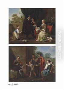 A Man Paying A Seamstress For Her Services; A Fiddler And A Quacksalver With Other Figures Outside A House (pair)