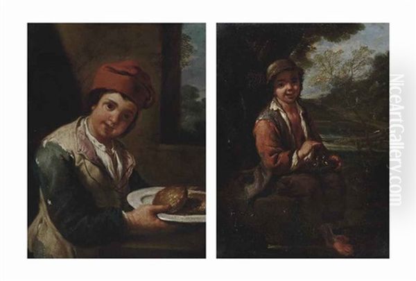 A Boy Holding A Plate With Bread, In An Interior And A Boy With A Bird's Nest In A Landscape (2 Works) - view 1