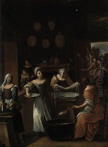 The Gnocchi Bakery: The Interior Of A Kitchen With Women Preparing Gnocchi, A Group Of Revellers Entering From The Garden Beyond by Antonio Amorosi