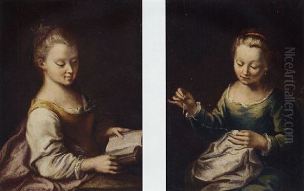 Portrait Of A Girl In A Yellow And Pink Dress Reading - view 1