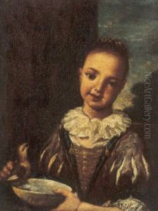 Fanciulla Con Uccellino Che Si Bagna In Una Ciotola