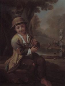 A Peasant Feesing Cherries To Birds In A Nest, A Fountain With Boys And Swan Beyond by Antonio Amorosi