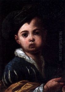 Portrait Of A Little Boy Wearing A Blue Slashed Doublet And Cap, Holding Grapes