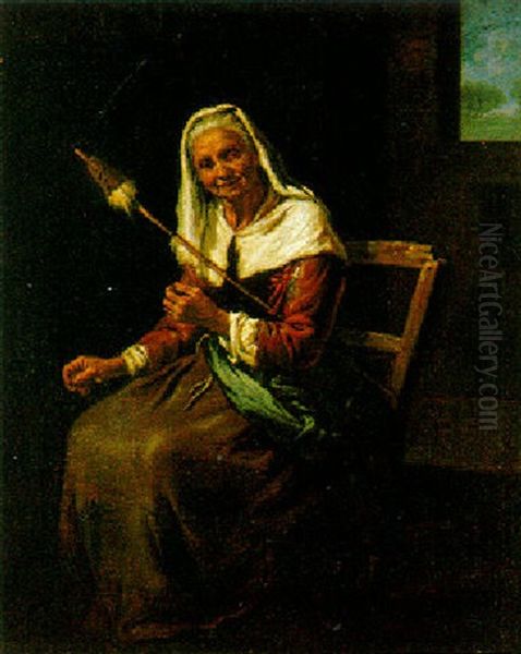 Sitzende Alte Frau Mit Einem Spinnrocken - view 1