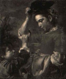 A Young Girl Raising Her Hat With A Small Boy In Foreground A Young Girl Raising Her Hat With A Small Boy In Foreground