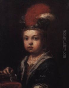 A Child, Half Length, Wearing A Feathered Cap, Holding A Pearl Earring