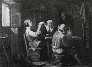 An Interior With Figures Seated Around A Table Listening To One Of Their Companions Reading A Letter