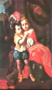 A Boy And A Girl Embracing In A Palatial Interior; And A    Child Comforted By A Girl As Amonkey Held By Black Pageboy