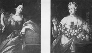 Summer: A Lady Holding A Garland Of Flowers; And Autumn: A Lady Holding A Tub Of Grapes by Antonio Amorosi