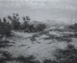 Desert Landscape With Purple Mountains And Flowering Grass by Arthur Chance Amos