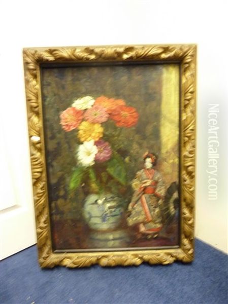Still Life Study Of A Figurine And A Toby Jug And Another Of A Model Of A Japanese Geisha And Flowers In An Oriental Blue And White Vase - view 1
