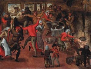 Figures Merrymaking In An Interior, A Woman Cooking At The Hearth by Jan van Amstel