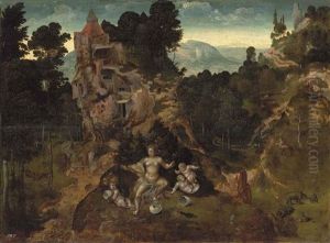 A Mountainous Landscape With Leda And Her Hatchlings, Saint Antony Abbot And The Centaur Beyond by Jan van Amstel