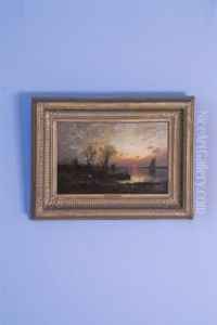 Barques De Peche Et Personnages Au Bord D'une Riviere Au Soleil Couchant by Auguste Paul Charles Anastasi