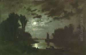 A Moonlit River Scene With A Dinghy Come Ashore And Figures On The Bank In The Foreground