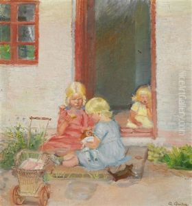 Three Little Girls Johanne, Lilly And Karen Playing In The Doorway by Anna Kirstine Ancher