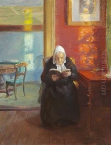 Interior From The Red Room With The Artist's Mother Ane Brondum Reading by Anna Kirstine Ancher