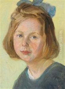 Portrait Of A Little Girl With A Blue Bow In Her Hair