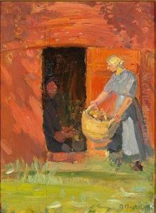 Young Girl With Her Laundry Near A Red House, Skagen by Anna Kirstine Ancher