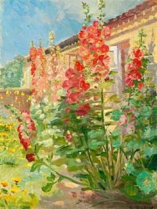 Red Hollyhocks In The Garden Of The Ancher Family's House On Markvej In Skagen by Anna Kirstine Ancher