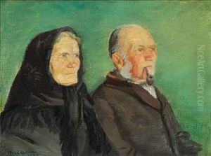 Double Portrait Of A Golden Wedding Couple From Skagen On A Green Background