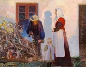 A Family From Skagen Is Cutting Boughs Outside A House In The Low Evening Sun by Anna Kirstine Ancher