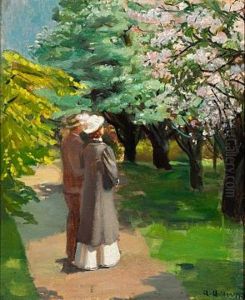 Springtime In The Park. A Young Couple Is Looking At The Blooming Trees by Anna Kirstine Ancher