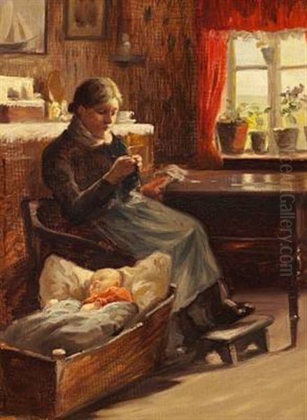 Interior With A Mother And Her Sleeping Child In A Cradle by Anna Kirstine Ancher